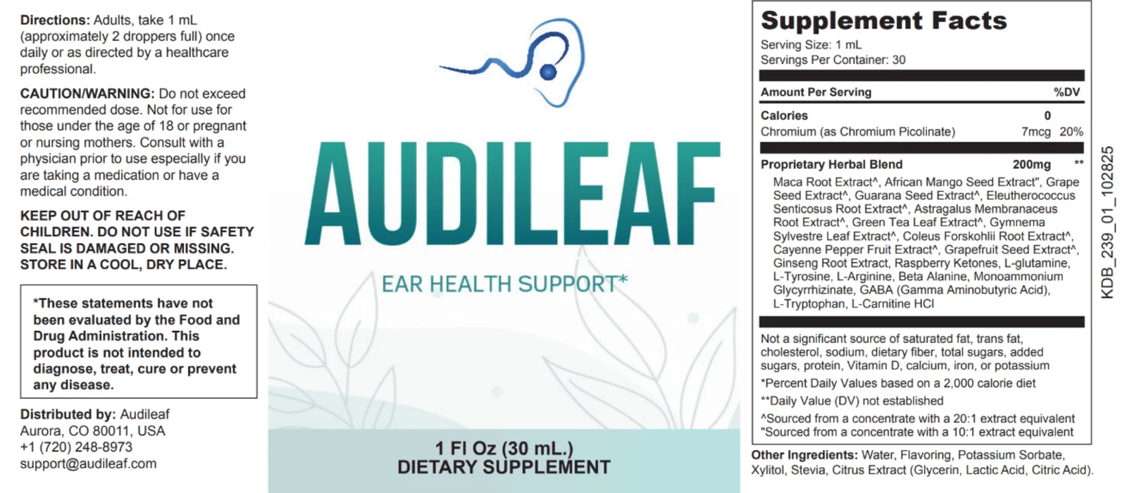 Audileaf full ingredient label